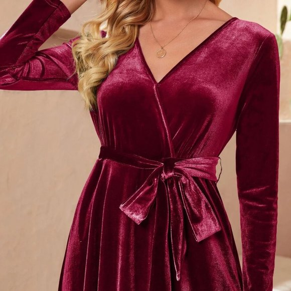 Long Sleeve Wrap V-neck Belted Velvet Burgundy Maxi Dress - Picture 3 of 9